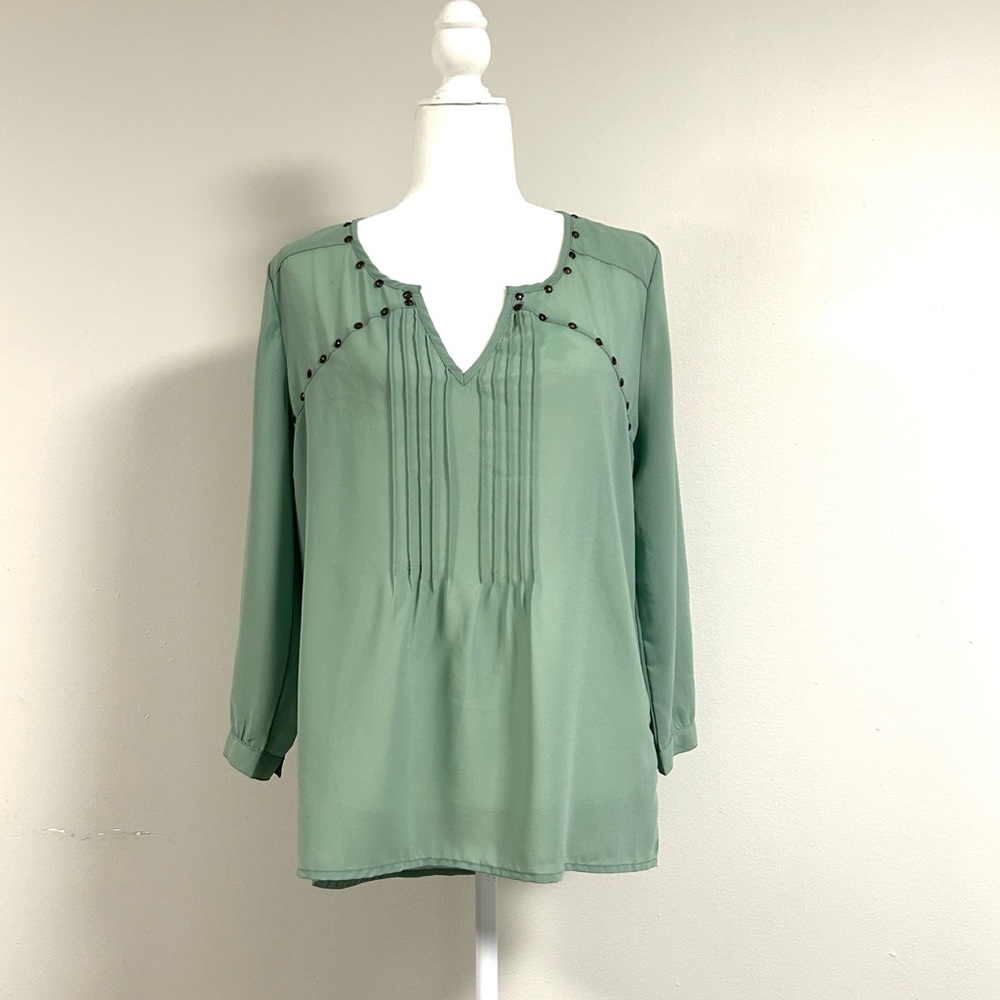Charlotte Russe Blouse | Size L | Soft Green Sheer with Bronze Detail